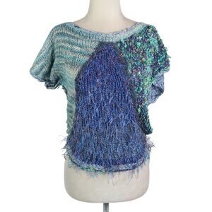 Vintage 90s Blue Patchwork Shaggy Eyelash Knit Short Sleeve Sweater M